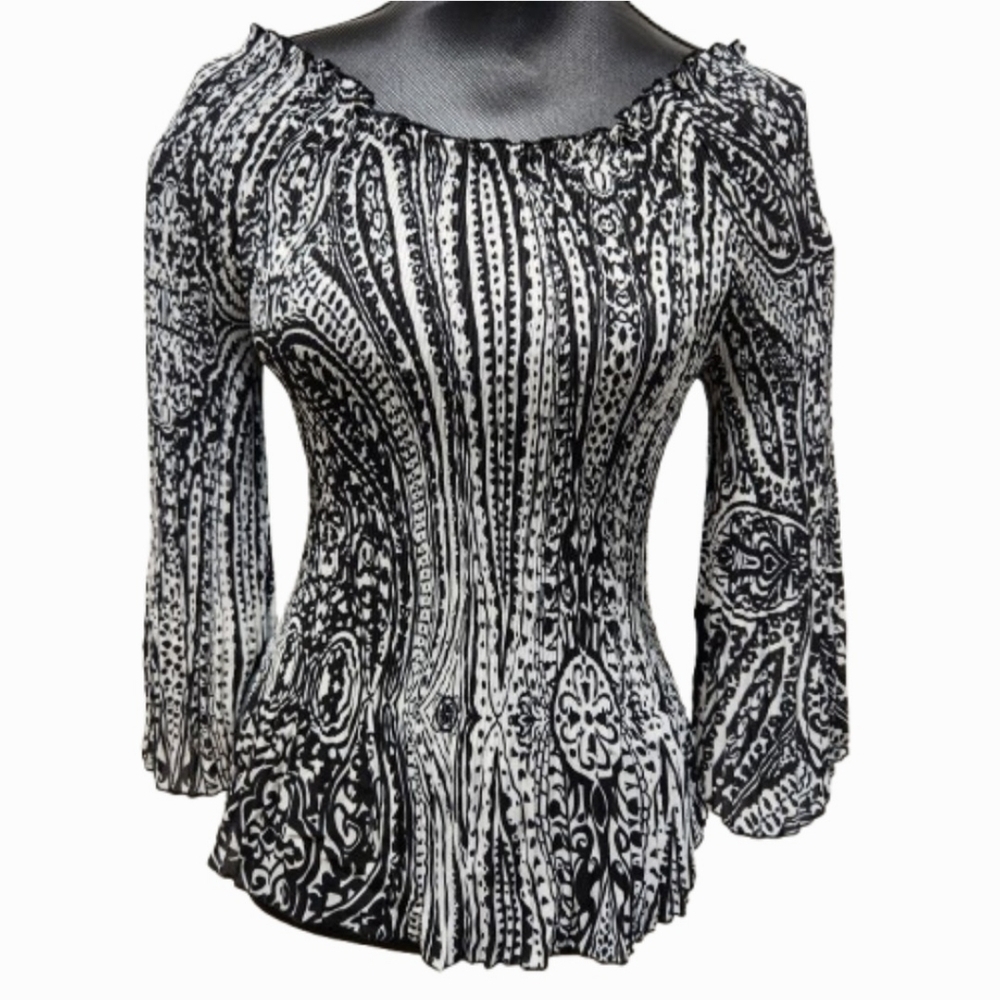 VTG AZIDOR Crinkle Pleated Black White Patterned Blouse Ultra Stretchy